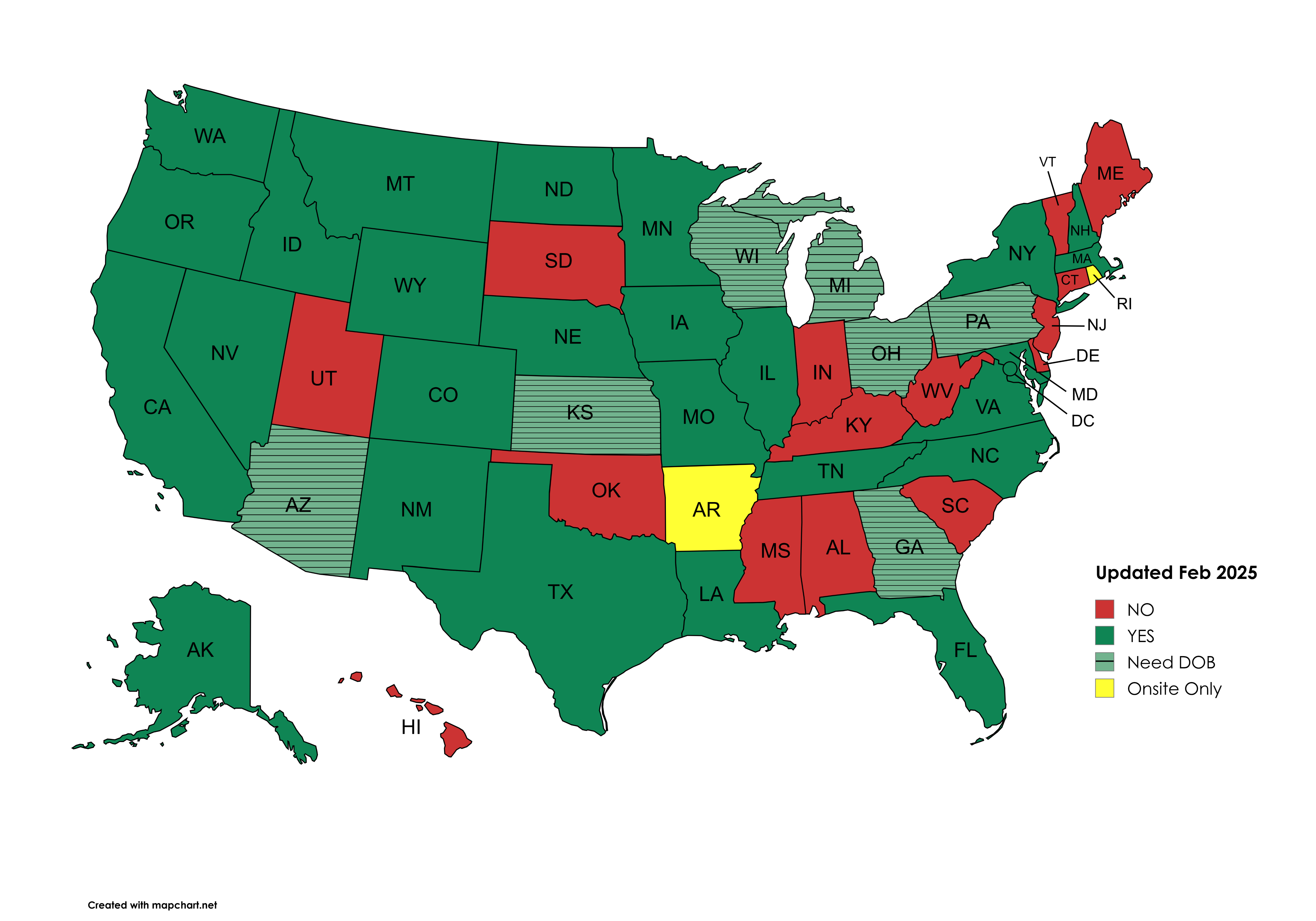 US Map indicating which states are available to ship to